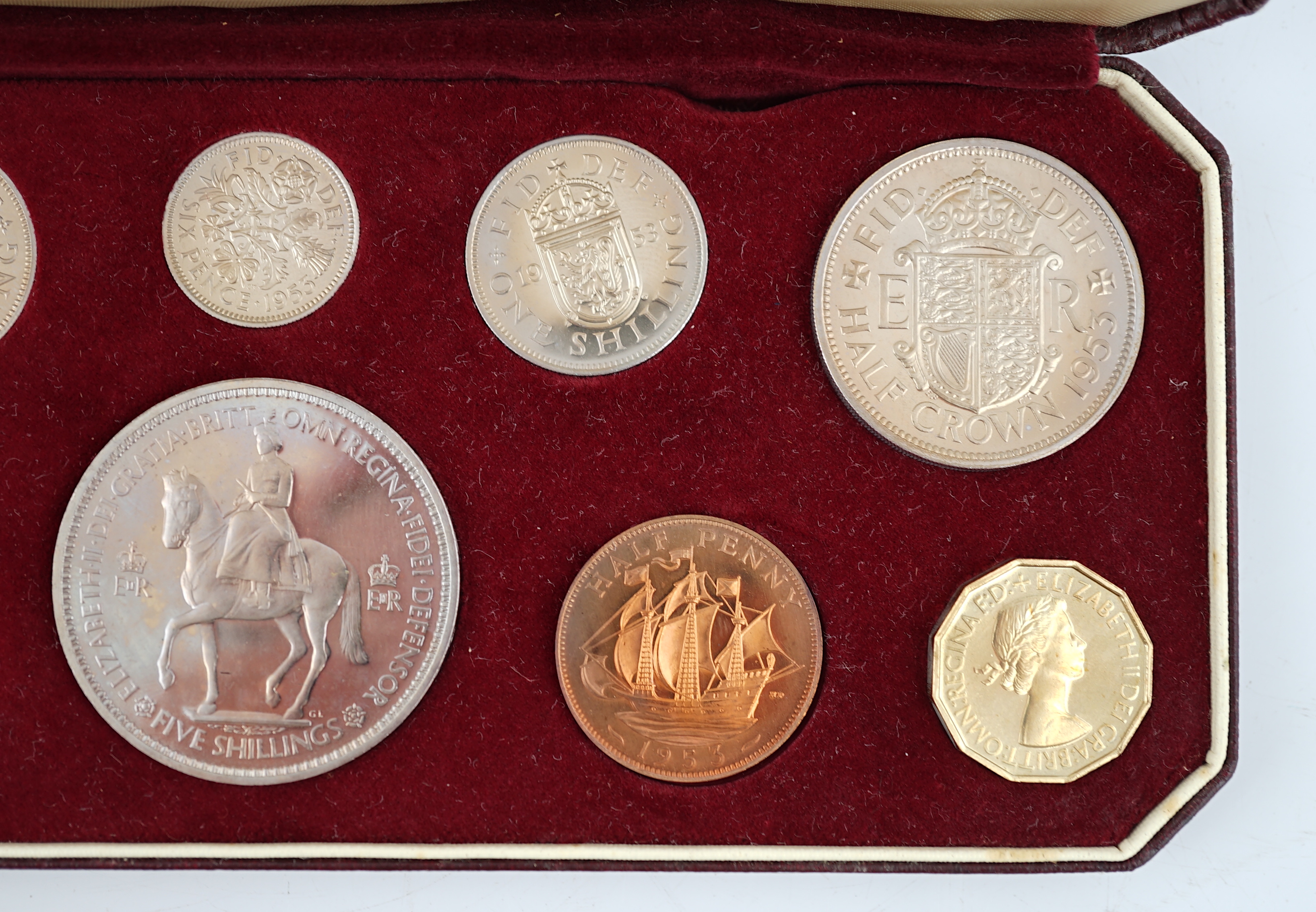 British coins, Queen Elizabeth II coronation proof coin set 1953, farthing to five shillings, cased